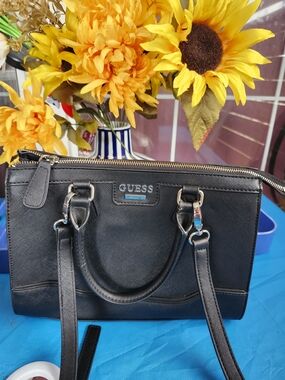 GUESS Black Saffiano Satchel with Silver Hardware